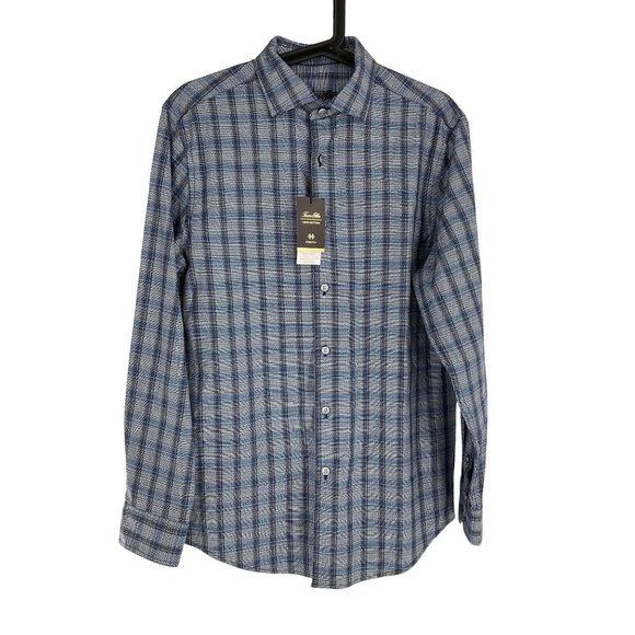 Tasso Elba Mens Plaid Button-Down Shirt S Blue 100% Cotton Stretch OEKO-TEX - Picture 1 of 11